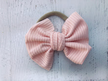 Load image into Gallery viewer, Ribbed baby hand tied bow on headband Baby fabric bow headband, toddler hair accessory, matching sibling bows, neutral headband for baby
