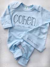 Load image into Gallery viewer, Boy girl twin coming home outfits, pink and blue footed sleeper, simple baby outfit, twin baby outfit, baby shower gift, romper outfits
