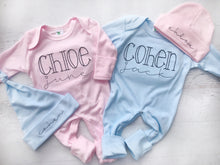 Load image into Gallery viewer, Boy girl twin coming home outfits, pink and blue footed sleeper, simple baby outfit, twin baby outfit, baby shower gift, romper outfits
