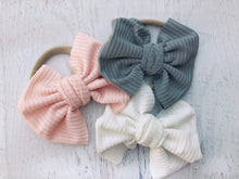 Load image into Gallery viewer, Ribbed baby hand tied bow on headband Baby fabric bow headband, toddler hair accessory, matching sibling bows, neutral headband for baby
