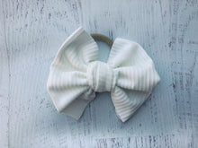 Load image into Gallery viewer, Ribbed baby hand tied bow on headband Baby fabric bow headband, toddler hair accessory, matching sibling bows, neutral headband for baby
