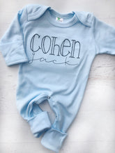 Load image into Gallery viewer, Boy girl twin coming home outfits, pink and blue footed sleeper, simple baby outfit, twin baby outfit, baby shower gift, romper outfits
