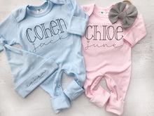 Load image into Gallery viewer, Boy girl twin coming home outfits, pink and blue footed sleeper, simple baby outfit, twin baby outfit, baby shower gift, romper outfits
