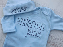 Load image into Gallery viewer, Personalized baby blue romper and hat set, custom infant boy coming home outfit, baby shower gift, light blue sleeper with footies
