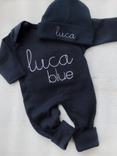 Load image into Gallery viewer, Personalized navy baby romper and hat set, custom infant boy coming home outfit, baby shower gift, navy sleeper with footies, simple stitch
