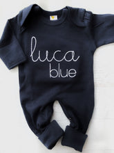 Load image into Gallery viewer, Personalized navy baby romper and hat set, custom infant boy coming home outfit, baby shower gift, navy sleeper with footies, simple stitch
