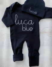 Load image into Gallery viewer, Personalized navy baby romper and hat set, custom infant boy coming home outfit, baby shower gift, navy sleeper with footies, simple stitch
