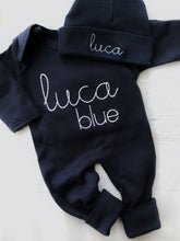 Load image into Gallery viewer, Personalized navy baby romper and hat set, custom infant boy coming home outfit, baby shower gift, navy sleeper with footies, simple stitch
