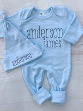 Load image into Gallery viewer, Personalized baby blue romper and hat set, custom infant boy coming home outfit, baby shower gift, light blue sleeper with footies
