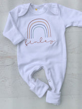 Load image into Gallery viewer, Personalized rainbow newborn outfit, rainbow baby gender neutral romper, boho rainbow, simple rainbow custom sleeper, rust rainbow
