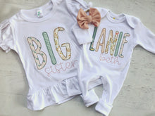 Load image into Gallery viewer, Personalized big sister, big brother, baby matching outfits, matching sibling shirts, made to match outfits, hospital outfits
