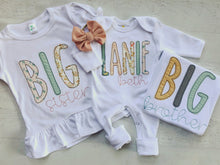 Load image into Gallery viewer, Personalized big sister, big brother, baby matching outfits, matching sibling shirts, made to match outfits, hospital outfits
