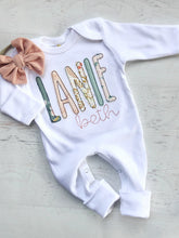 Load image into Gallery viewer, Personalized baby girl romper and bow set, custom coming home outfit for girl, baby shower gift, blush and sage, cottagecore baby outfit
