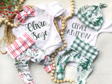 Load image into Gallery viewer, Holly Christmas newborn outfit for girl, newborn Christmas outfit, cottagecore Christmas, natural Christmas, pants and bow, red stripes
