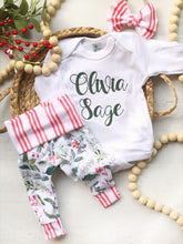 Load image into Gallery viewer, Holly Christmas newborn outfit for girl, newborn Christmas outfit, cottagecore Christmas, natural Christmas, pants and bow, red stripes
