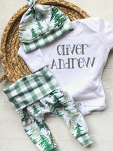 Load image into Gallery viewer, Pine trees baby outfit, baby boy coming home outfit, Christmas outfit for boy, forest baby boy outfit
