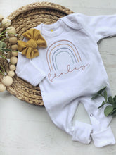 Load image into Gallery viewer, Personalized rainbow newborn outfit, rainbow baby gender neutral romper, boho rainbow, simple rainbow custom sleeper, rust rainbow
