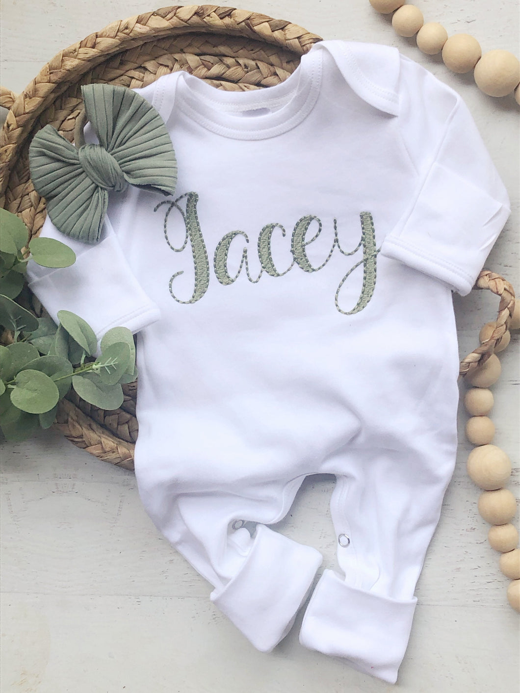 Personalized vintage stitch girl romper with bow, custom girl coming home outfit, baby shower gift, white sleeper with footies