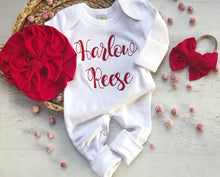 Load image into Gallery viewer, Personalized newborn Christmas romper and turban set, red and white custom baby outfit, baby shower gift for girl, red baby turban
