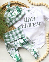 Load image into Gallery viewer, Pine trees baby outfit, baby boy coming home outfit, Christmas outfit for boy, forest baby boy outfit
