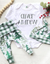 Load image into Gallery viewer, Pine trees baby outfit, baby boy coming home outfit, Christmas outfit for boy, forest baby boy outfit
