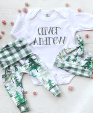 Load image into Gallery viewer, Pine trees baby outfit, baby boy coming home outfit, Christmas outfit for boy, forest baby boy outfit
