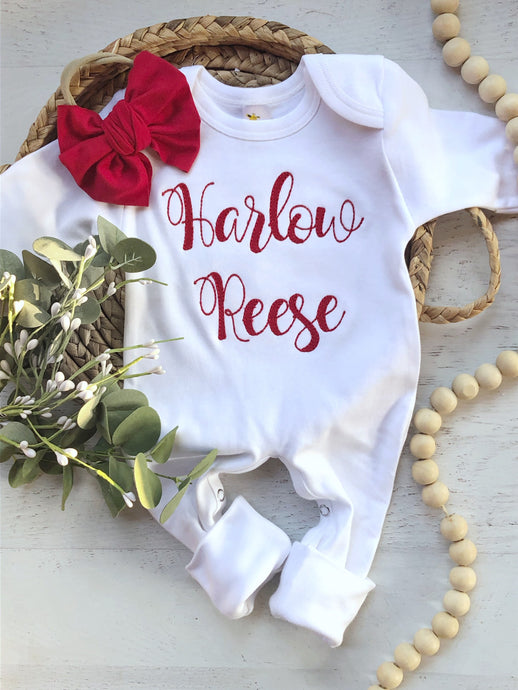 Personalized newborn Christmas romper and turban set, red and white custom baby outfit, baby shower gift for girl, red baby turban