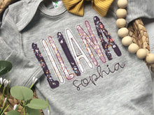 Load image into Gallery viewer, Personalized purple girl romper and bow, lavender and mustard infant girl coming home outfit, custom, baby shower gift, sleeper with footies
