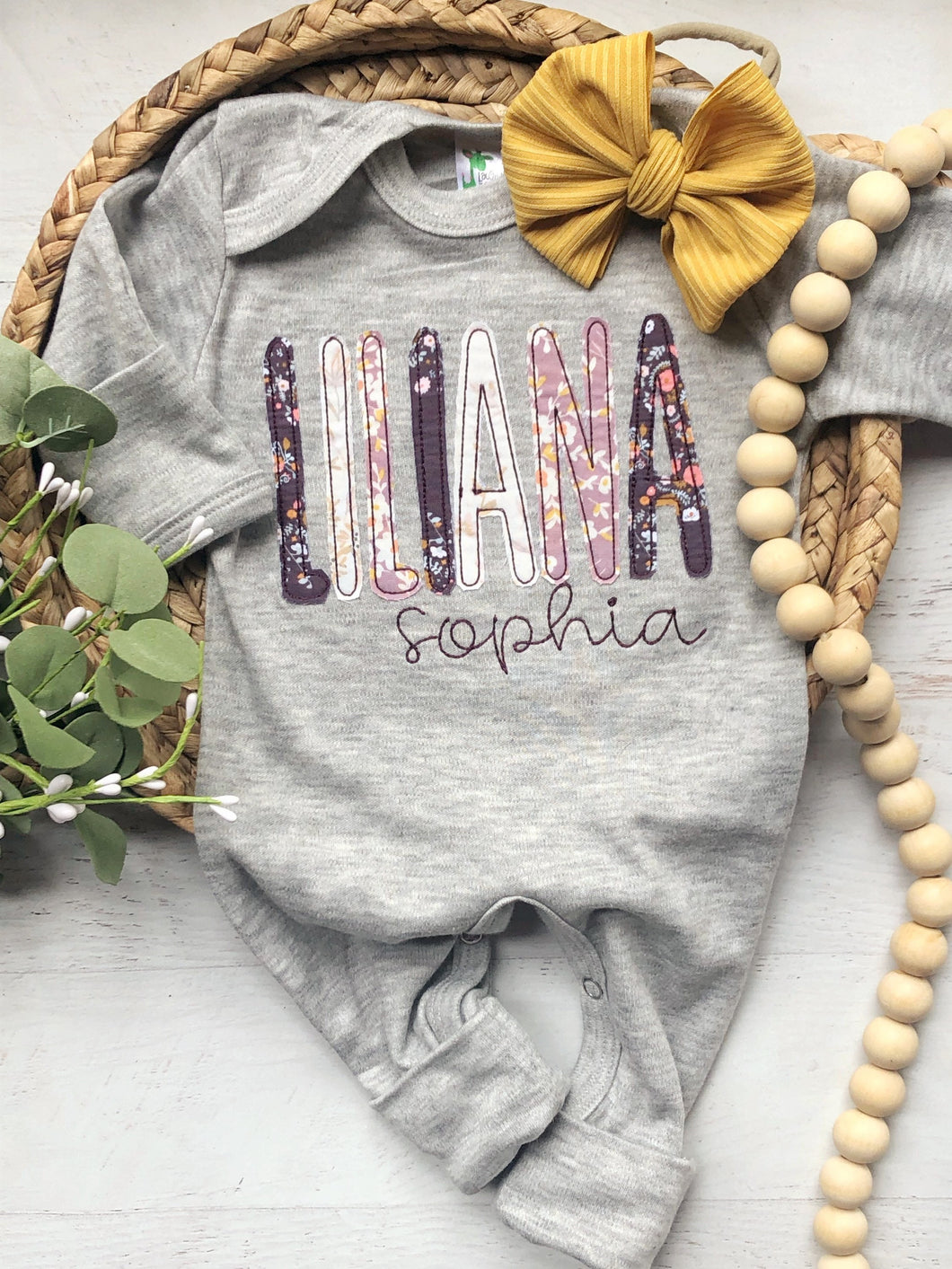 Personalized purple girl romper and bow, lavender and mustard infant girl coming home outfit, custom, baby shower gift, sleeper with footies