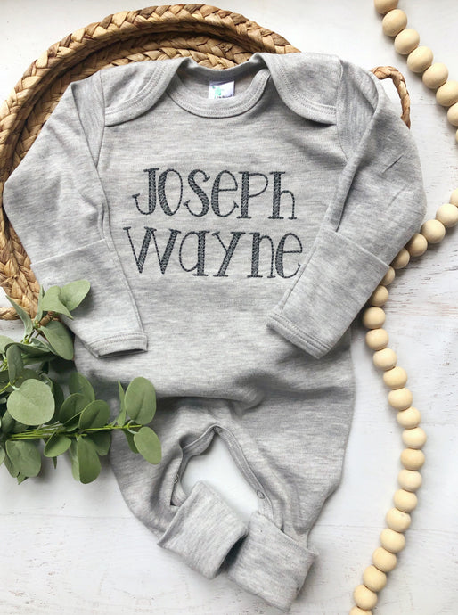 Personalized gray baby romper and hat set, custom coming home outfit, sketch stitch boys outfit, baby shower gift, monochrome, neutral