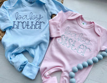 Load image into Gallery viewer, Baby brother baby sister newborn outfit, gender reveal outfits, coming home outfit for baby girl, baby boy, pink and blue
