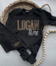 Load image into Gallery viewer, Personalized black, camel, and white newborn outfit, coming home outfit for baby boy, warm tones baby outfit, hospital outfit for boy
