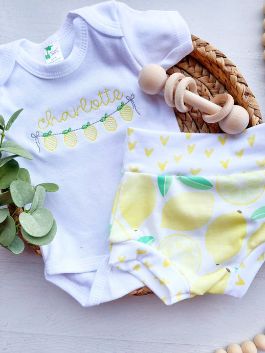 Personalized summer lemon outfit, lemon baby bummies, embroidered lemon baby girl, first birthday outfit, coming home outfit for girl