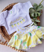 Load image into Gallery viewer, Personalized summer lemon outfit, lemon baby bummies, embroidered lemon baby girl, first birthday outfit, coming home outfit for girl
