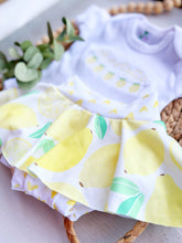 Load image into Gallery viewer, Personalized summer lemon outfit, lemon baby bummies, embroidered lemon baby girl, first birthday outfit, coming home outfit for girl
