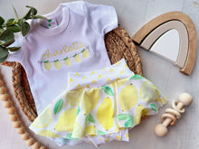 Load image into Gallery viewer, Personalized summer lemon outfit, lemon baby bummies, embroidered lemon baby girl, first birthday outfit, coming home outfit for girl
