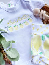 Load image into Gallery viewer, Personalized summer lemon outfit, lemon baby bummies, embroidered lemon baby girl, first birthday outfit, coming home outfit for girl
