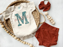 Load image into Gallery viewer, Vintage floral baby girl outfit with bummies, cottagecore baby girl outfit, personalized baby outfit, cinnamon, oatmeal, and teal
