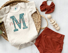 Load image into Gallery viewer, Vintage floral baby girl outfit with bummies, cottagecore baby girl outfit, personalized baby outfit, cinnamon, oatmeal, and teal
