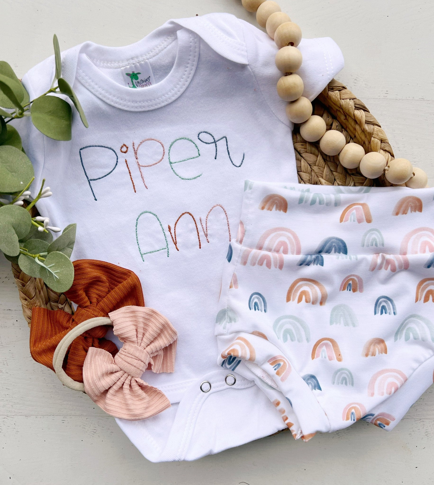 Personalized Boho Rainbow Newborn Baby Girl Outfit with Embroidered Na