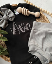 Load image into Gallery viewer, Black and grey baby girl outfit with bummies, summer baby outfit, classic girls outfit, classy black baby girl
