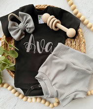 Load image into Gallery viewer, Black and grey baby girl outfit with bummies, summer baby outfit, classic girls outfit, classy black baby girl
