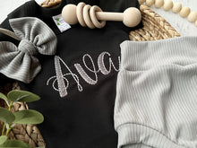 Load image into Gallery viewer, Black and grey baby girl outfit with bummies, summer baby outfit, classic girls outfit, classy black baby girl
