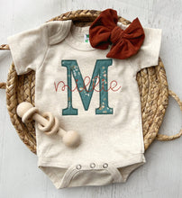 Load image into Gallery viewer, Vintage floral baby girl outfit with bummies, cottagecore baby girl outfit, personalized baby outfit, cinnamon, oatmeal, and teal
