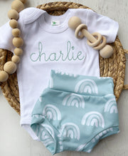 Load image into Gallery viewer, Rainbow baby outfit with bummies, blush or seafoam rainbow outfit for baby, boho rainbow, simple embroidered baby outfit
