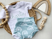 Load image into Gallery viewer, Rainbow baby outfit with bummies, blush or seafoam rainbow outfit for baby, boho rainbow, simple embroidered baby outfit
