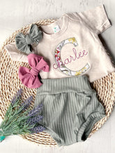 Load image into Gallery viewer, Vintage floral baby girl outfit with bummies, cottagecore baby girl outfit, personalized baby outfit with bows, sage, dusty rose
