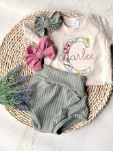 Load image into Gallery viewer, Vintage floral baby girl outfit with bummies, cottagecore baby girl outfit, personalized baby outfit with bows, sage, dusty rose
