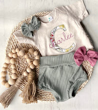 Load image into Gallery viewer, Vintage floral baby girl outfit with bummies, cottagecore baby girl outfit, personalized baby outfit with bows, sage, dusty rose
