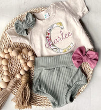 Load image into Gallery viewer, Vintage floral baby girl outfit with bummies, cottagecore baby girl outfit, personalized baby outfit with bows, sage, dusty rose
